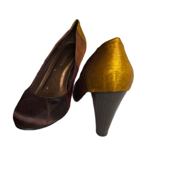 Earth tone Patchwork Pumps Wood Heels Brown Wine Copper Gold Satiny Women’s 8.5 - Picture 4 of 10